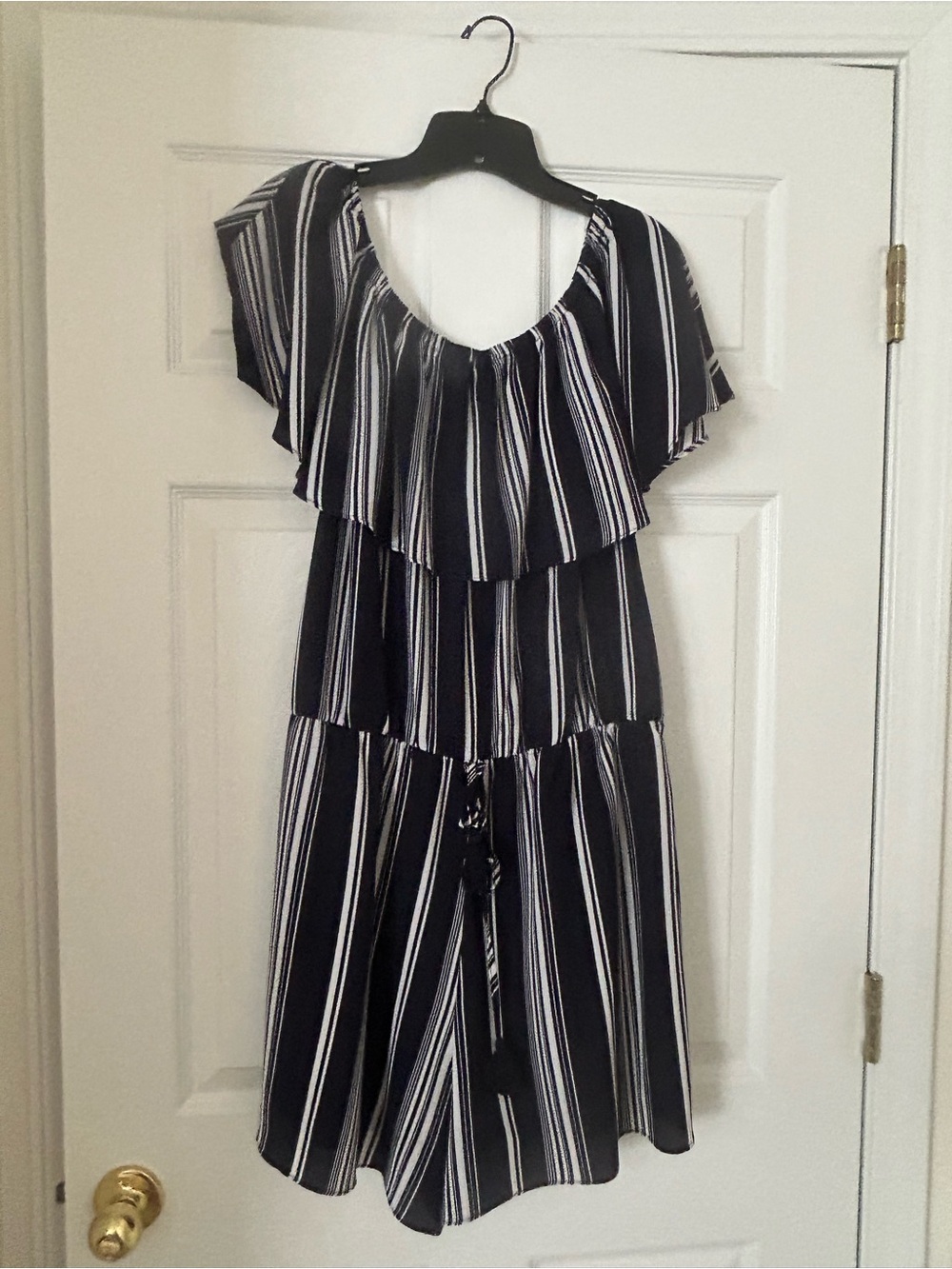 Charming Charlie Navy Blue and White Striped Off-Shoulder Jumpsuit